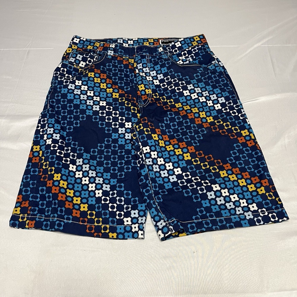 Y2K Enyce Baggy Shorts Mens Size 34 Blue Geometric Streetwear Grunge Long Cotton